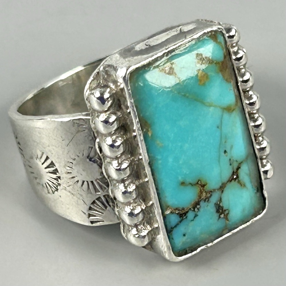 Turquoise Silver Ring Size 5.25 Navajo Wide Stamped Band 7.1g Handmade